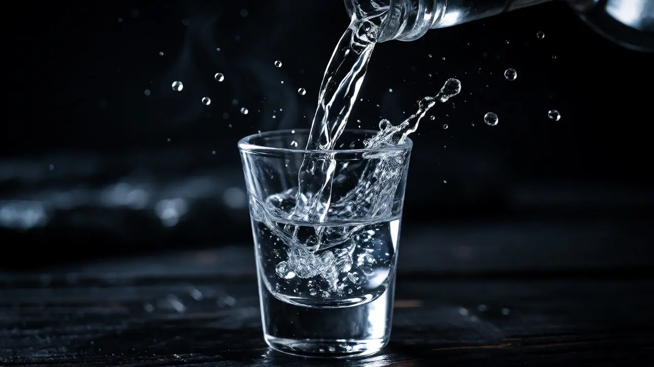Makro záběr na nalévání čirého tvrdého alkoholu do panáku