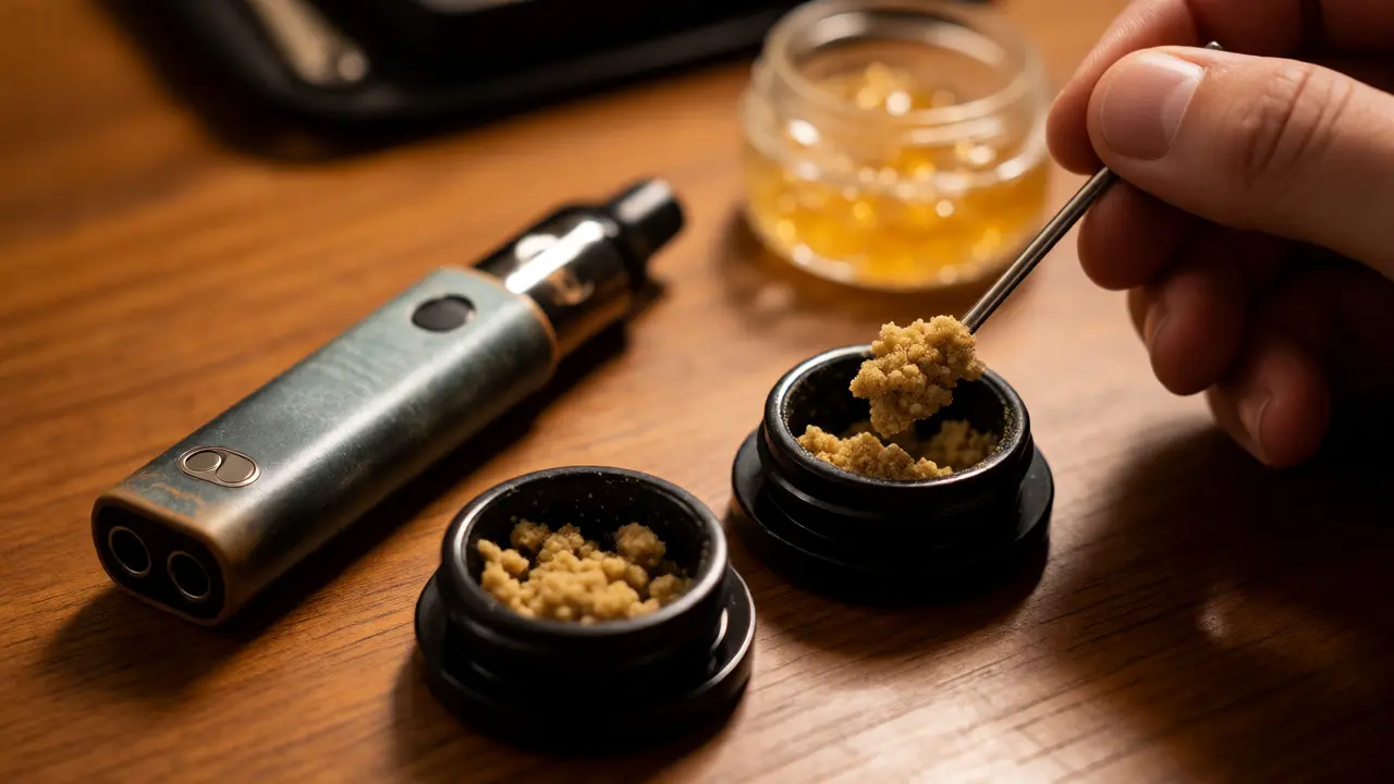 Manipulace s suchým CBD crumble pomocí nástroje vedle vape pera.