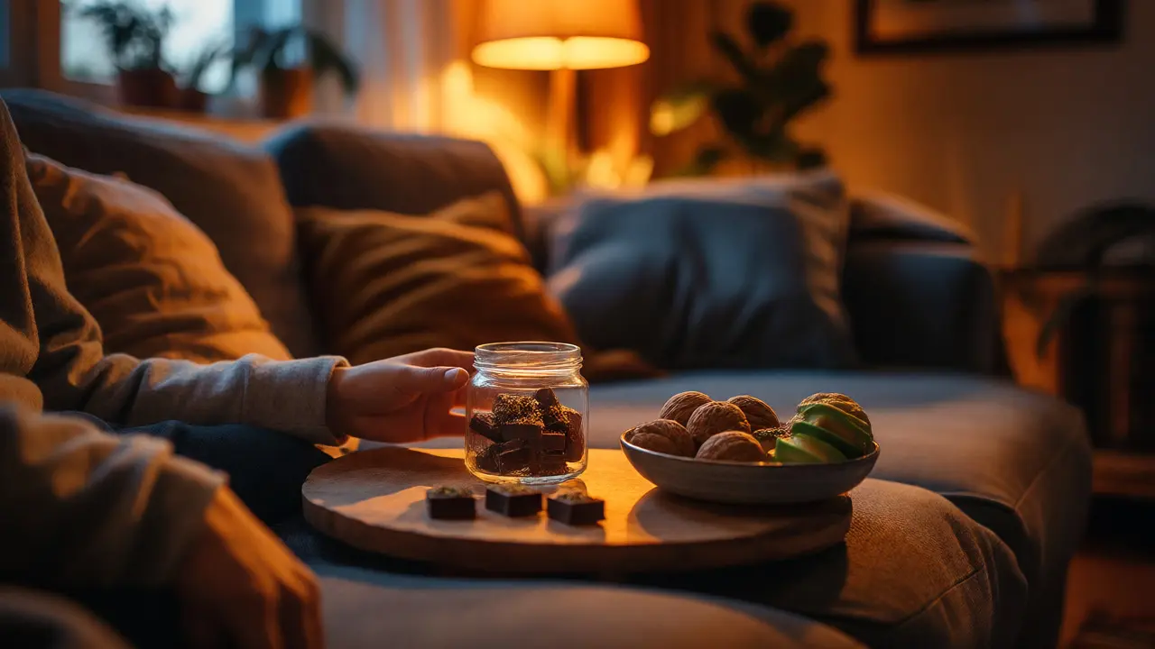 Person enjoying cannabis chocolates with nuts in a cozy room