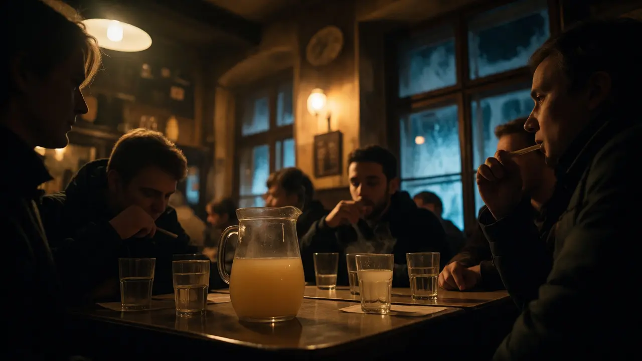 Skupina přátel popíjející silný alkohol v útulném podniku