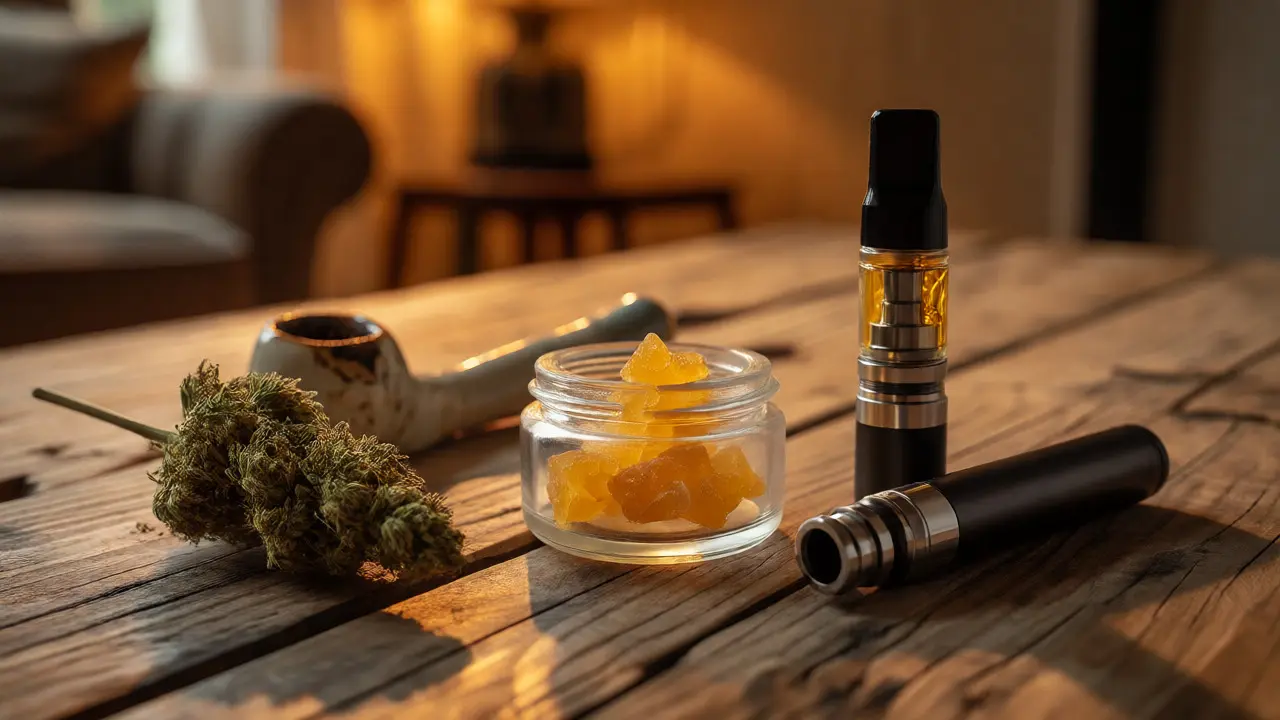 Stolní uspořádání s CBD květem, shatterem a vapem