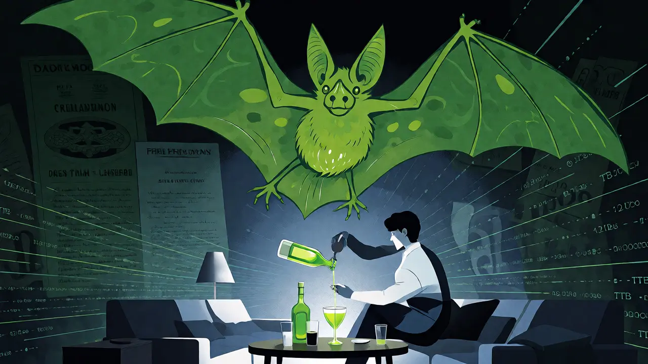 Zelený netopýr nad moderním pitím absintu bez halucinací