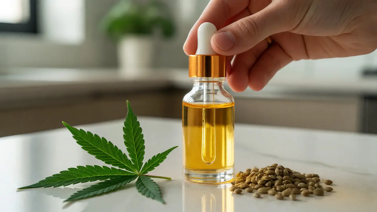Zlatý olej CBD v kapátkové lahvičce vedle konopných semen a listů